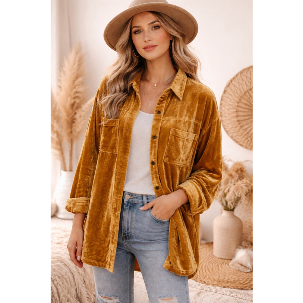 Umgee Velvet Shacket Mustard Oversized Button Up XL Cozy Luxe Fall Layering Top